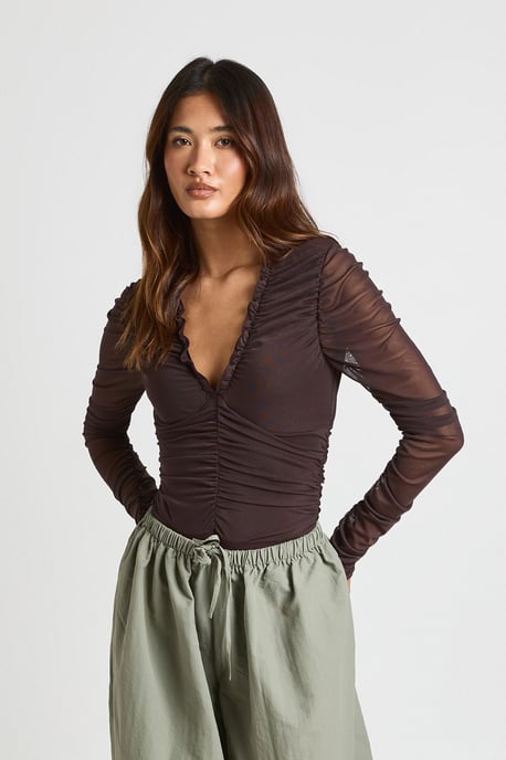 Mesh Ruched Neckline Long Sleeve Bodysuit - Image 4