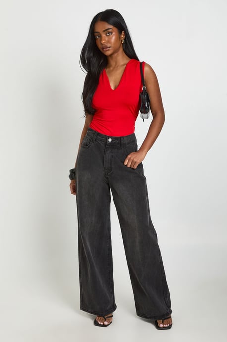 Matte Slinky Ruched Plunge Bodysuit - Image 3