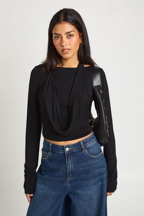 Halterneck Cowl Double Layer Long Sleeve Top - Image 1
