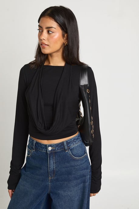 Halterneck Cowl Double Layer Long Sleeve Top - Image 3