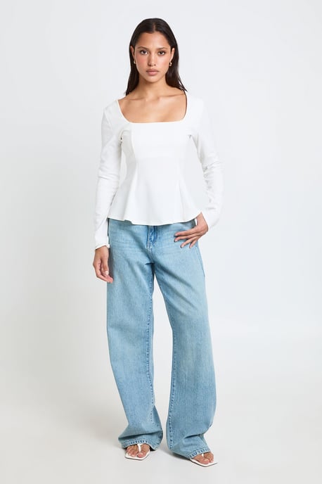 Scoop Neck Long Sleeve Peplum Top - Image 1