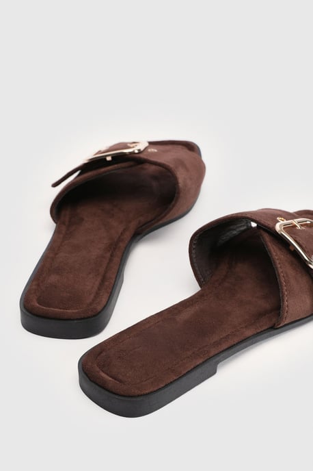 Faux Suede Oversized Buckle Detail Sliders - Image 4