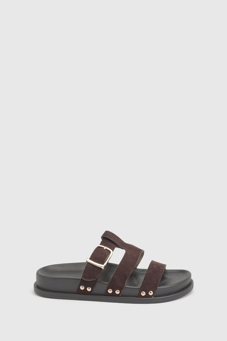Faux Suede Double Strap Cut Out Footbed Sliders - Image 2