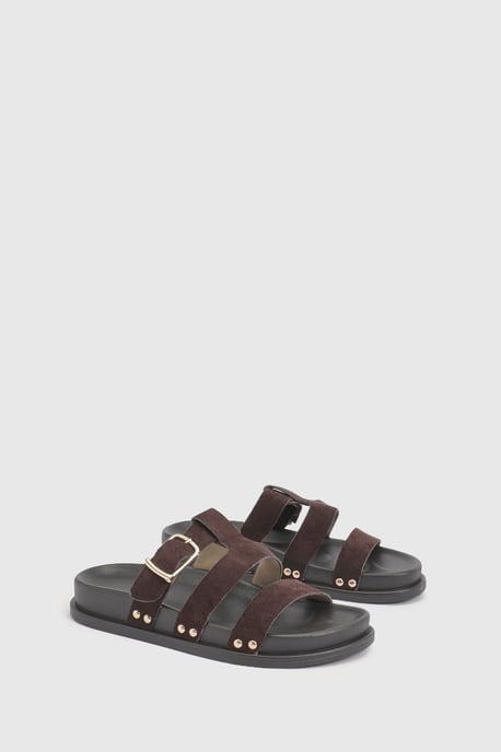 Faux Suede Double Strap Cut Out Footbed Sliders - Image 3