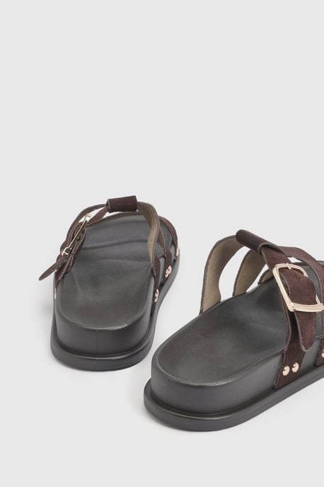 Faux Suede Double Strap Cut Out Footbed Sliders - Image 4