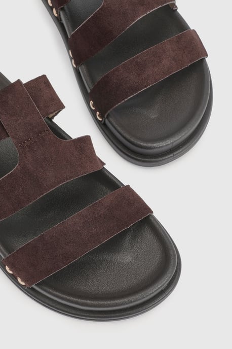 Faux Suede Double Strap Cut Out Footbed Sliders - Image 5