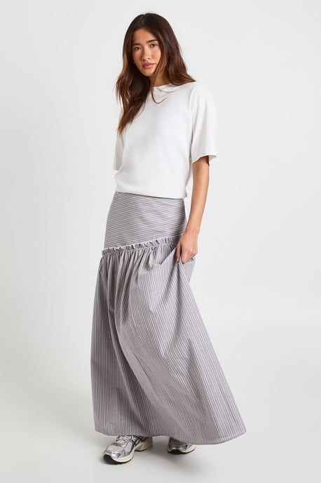 Stripe Poplin Asymmetric Maxi Skirt - Image 1