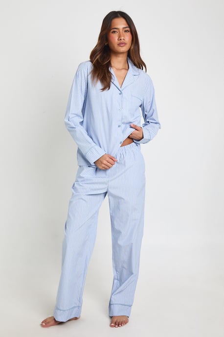 Cotton Poplin Pinstripe Long Sleeve Shirt & Trouser Pyjama Set - Image 1