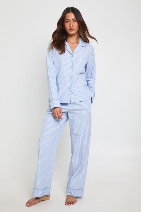 Cotton Poplin Pinstripe Long Sleeve Shirt & Trouser Pyjama Set - Image 4
