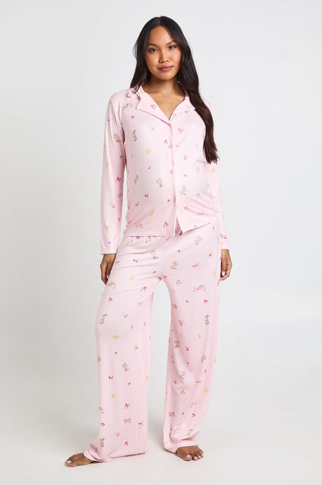 Maternity Bunny And Bow Print Long Sleeve Shirt & Trouser Pyjama Set - Image 1