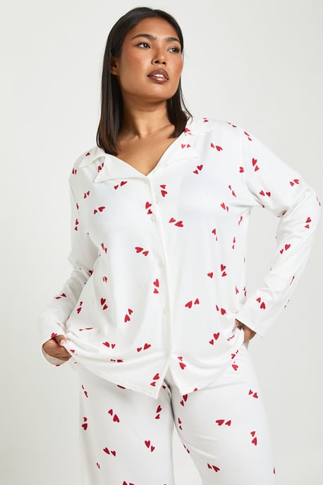 Plus Valentines Heart Print Long Sleeve Shirt & Trouser Pyjama Set - Image 3