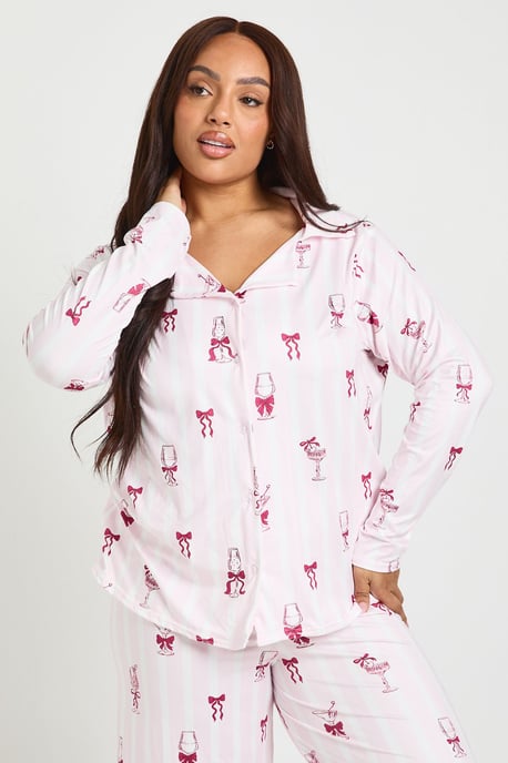 Plus Stripe Cocktail Long Sleeve Shirt And Trousers Pyjama Set - Image 3