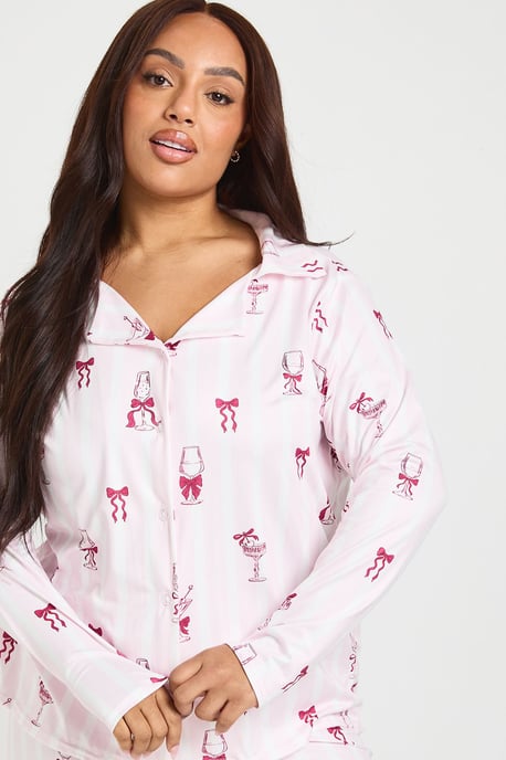 Plus Stripe Cocktail Long Sleeve Shirt And Trousers Pyjama Set - Image 4