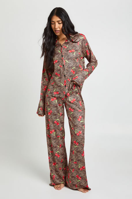 Tall Cherries & Leopard Print Long Sleeve Shirt & Trouser Pyjama Set - Image 1