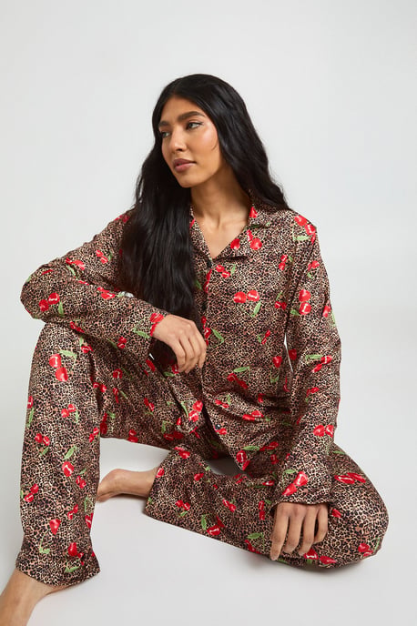 Tall Cherries & Leopard Print Long Sleeve Shirt & Trouser Pyjama Set - Image 3