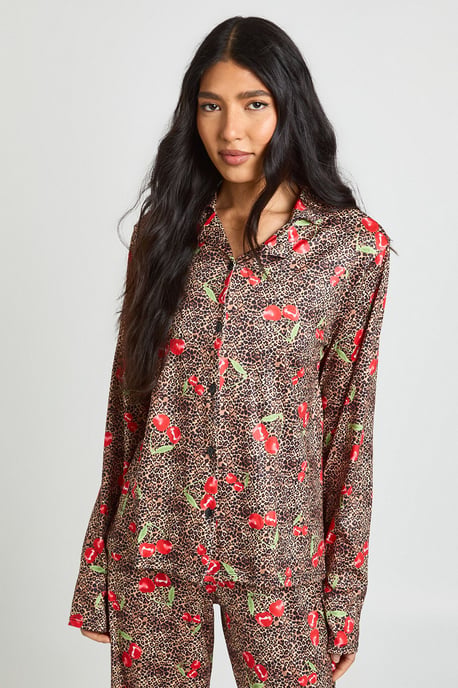 Tall Cherries & Leopard Print Long Sleeve Shirt & Trouser Pyjama Set - Image 4