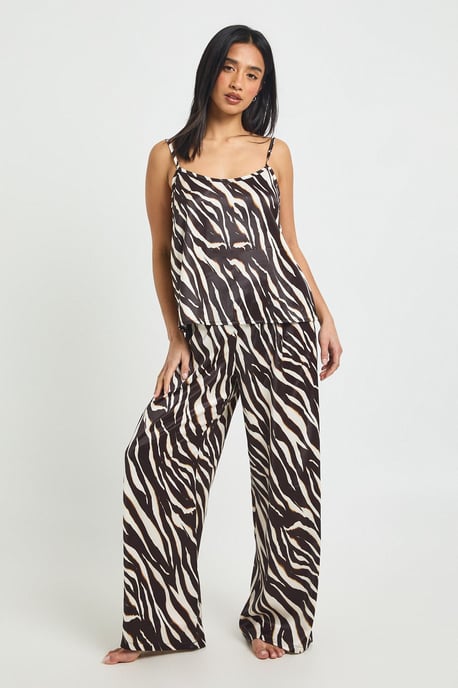 Petite Zebra Print Satin Cami & Wide Leg Trouser Pyjama Set - Image 3