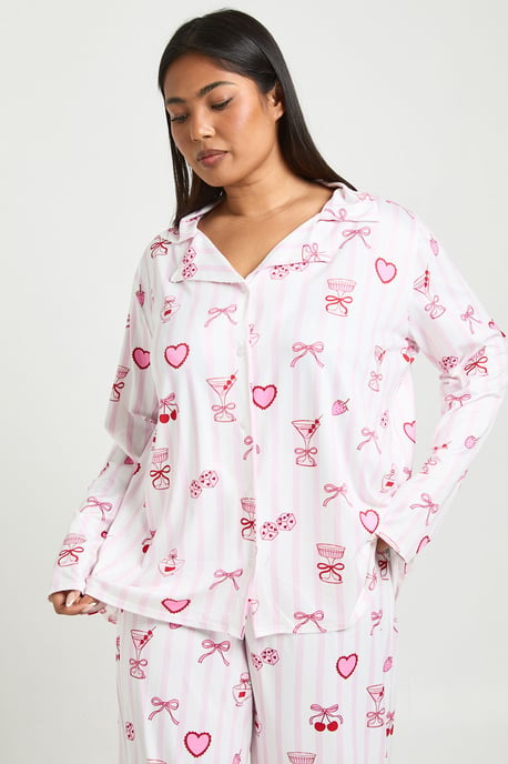 Plus Valentines Stripe Cocktails and Cherries Print Long Sleeve Shirt & Trouser Pyjama Set - Image 3