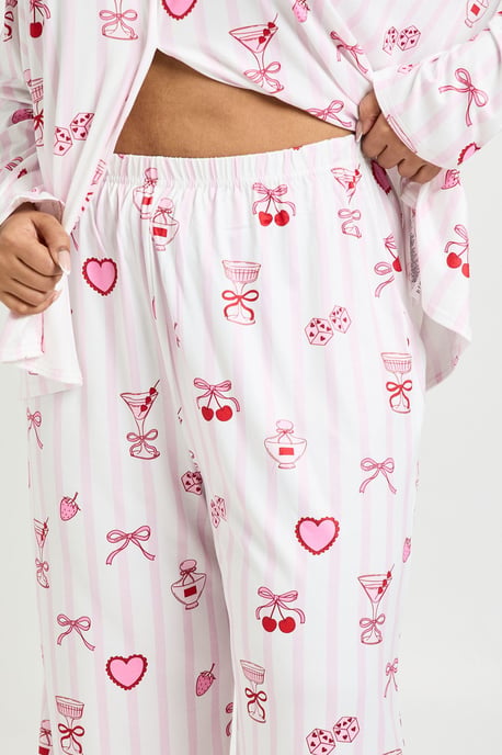Plus Valentines Stripe Cocktails and Cherries Print Long Sleeve Shirt & Trouser Pyjama Set - Image 4
