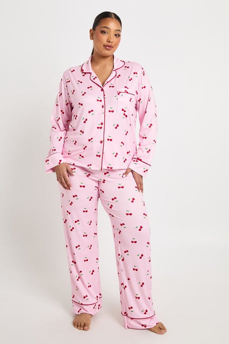 Plus Heart Cherry Print Long Sleeve Shirt & Trouser 3 Piece Pyjama Set - Image 1