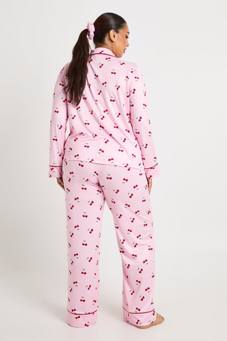 Plus Heart Cherry Print Long Sleeve Shirt & Trouser 3 Piece Pyjama Set - Image 2