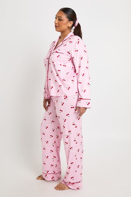 Plus Heart Cherry Print Long Sleeve Shirt & Trouser 3 Piece Pyjama Set - Image 3