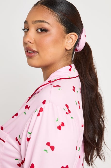 Plus Heart Cherry Print Long Sleeve Shirt & Trouser 3 Piece Pyjama Set - Image 4