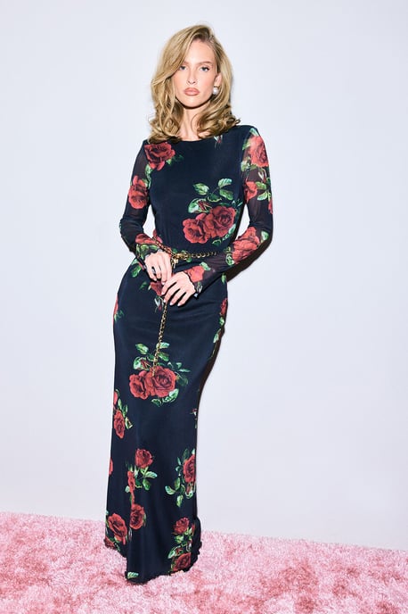 Rose Print Mesh Maxi Skirt - Image 1
