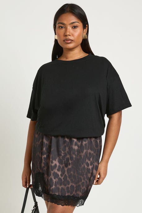 Plus Leopard Satin Lace Trim Mini Skirt - Image 1