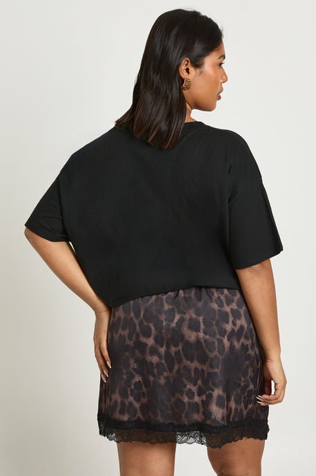 Plus Leopard Satin Lace Trim Mini Skirt - Image 2