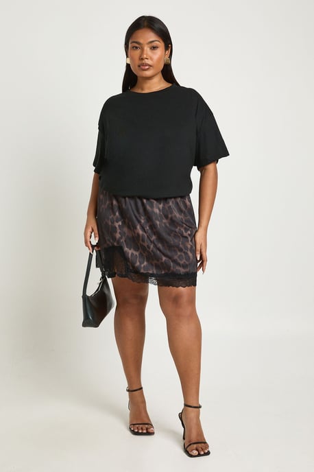 Plus Leopard Satin Lace Trim Mini Skirt - Image 3