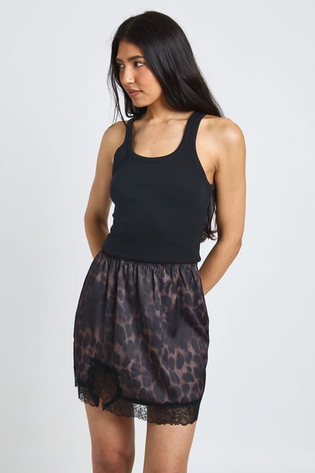 Tall Leopard Satin Lace Trim Mini Skirt - Image 1