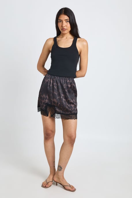 Tall Leopard Satin Lace Trim Mini Skirt - Image 3