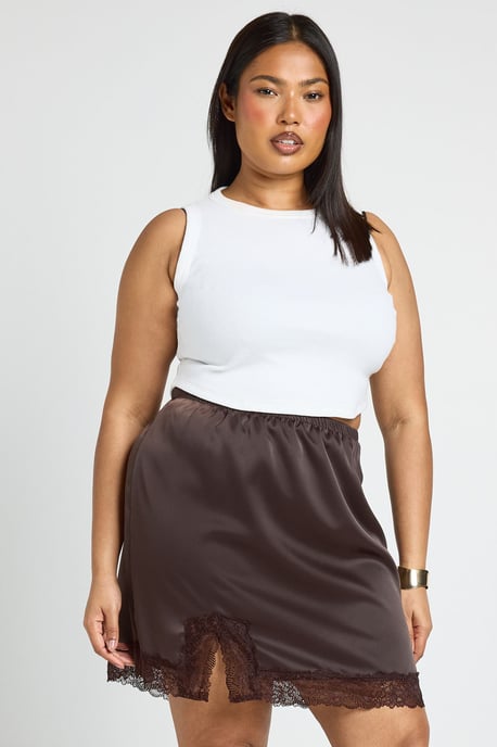 Plus Satin Lace Trim Mini Skirt - Image 1