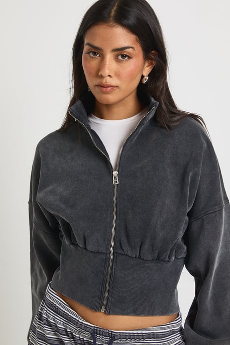 Washed Funnel Neck Cinched Waist Zip Through - Image 4