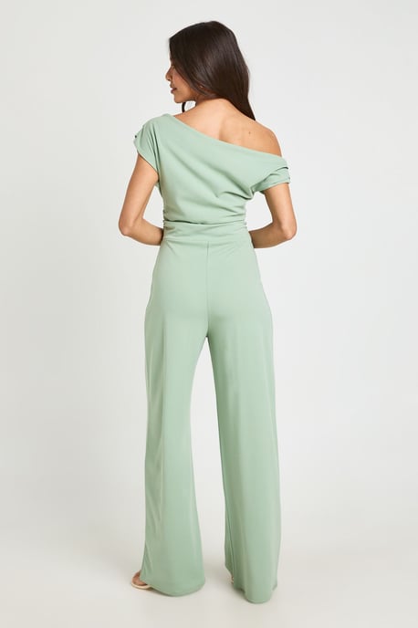 Jersey Crepe Drape Shoulder Wide Leg Jumpsuit - Image 2