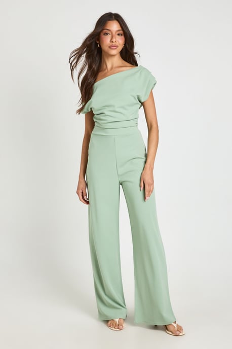 Jersey Crepe Drape Shoulder Wide Leg Jumpsuit - Image 3