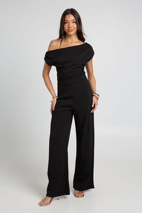 Jersey Crepe Drape Shoulder Wide Leg Jumpsuit - Image 3