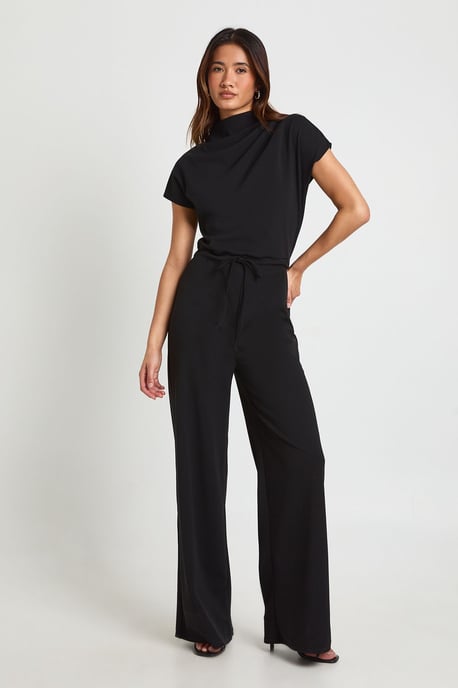 Crepe Grown On Neck Drawstring Waistband Wide Leg Jumpsuit - Image 1