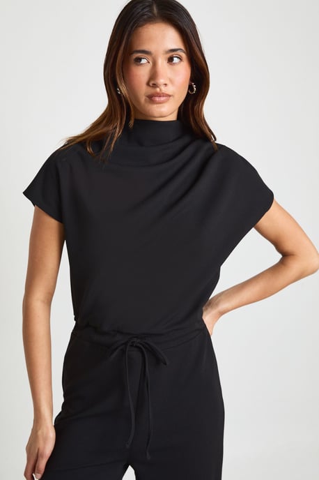 Crepe Grown On Neck Drawstring Waistband Wide Leg Jumpsuit - Image 3