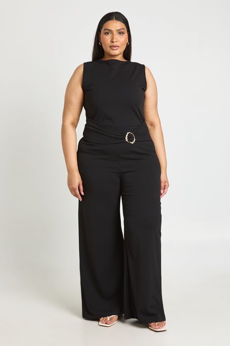 Plus Belted Gold Trim Detail Wide Leg Jumpsuit - Image 1