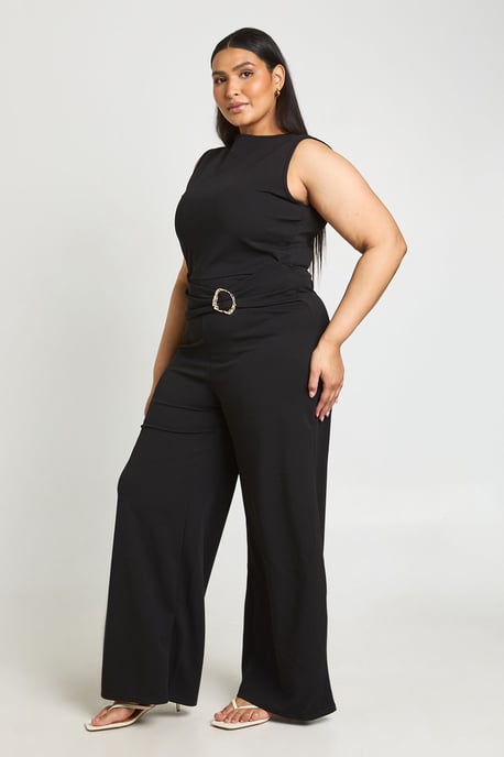 Plus Belted Gold Trim Detail Wide Leg Jumpsuit - Image 3
