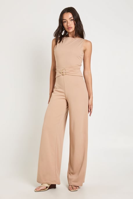 Slash Neck Waist Detail Wide Leg Jumpsuit - Image 3