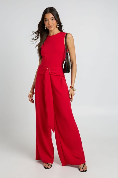 Belted Gold Trim Detail Wide Leg Jumpsuit - Image 1