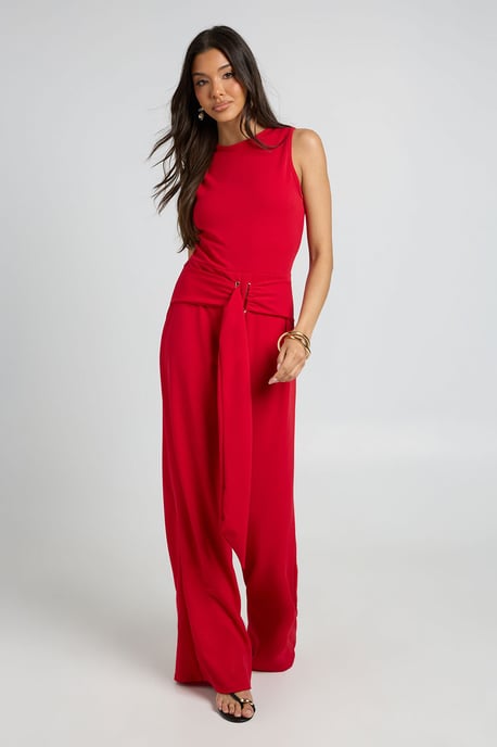 Belted Gold Trim Detail Wide Leg Jumpsuit - Image 3