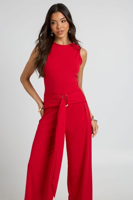 Belted Gold Trim Detail Wide Leg Jumpsuit - Image 4