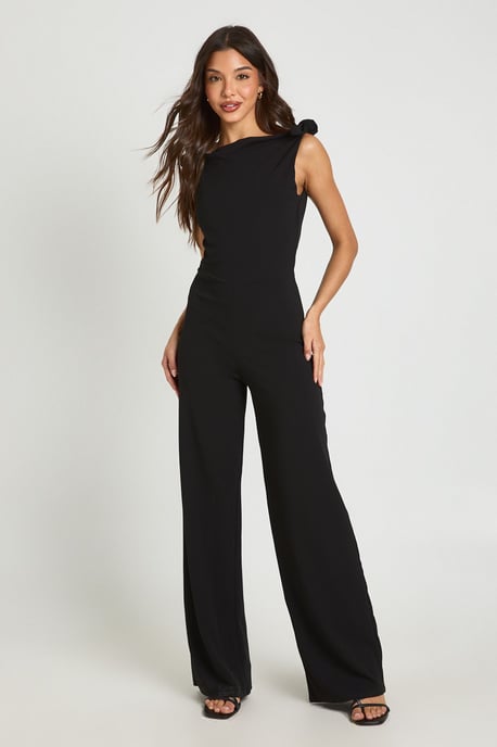Jersey Crepe Knot Shoulder Wide Leg Jumpsuit - Image 1