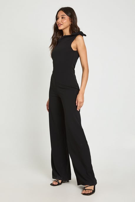 Jersey Crepe Knot Shoulder Wide Leg Jumpsuit - Image 3