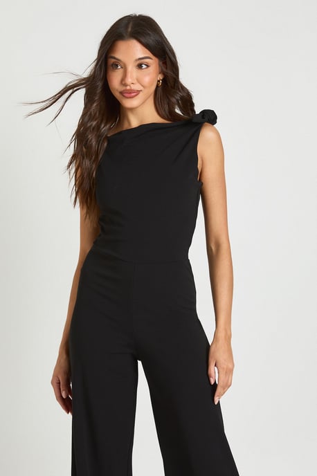 Jersey Crepe Knot Shoulder Wide Leg Jumpsuit - Image 4