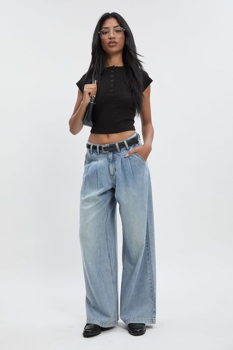 High Waist Supersoft Belted Pleated Wide Leg Jeans - Image 1